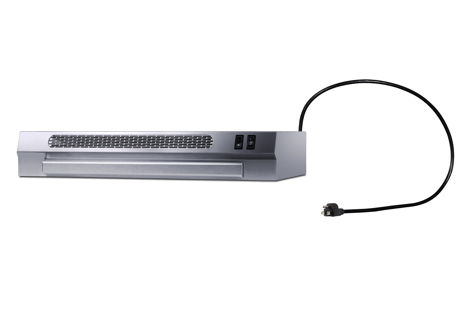 24 inch wide under cabinet retractable range hood for ductless use in stainless steel, made in the USA with power cord included